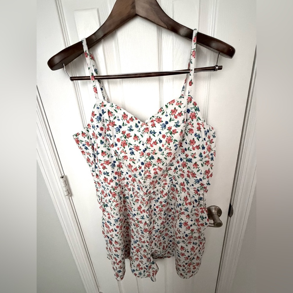 Floral Spaghetti Strap Romper- White with Red & Blue Flowers